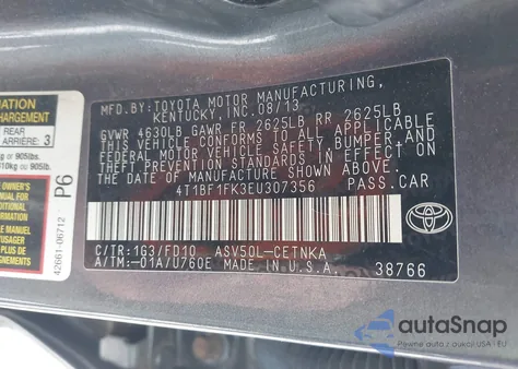 2014 Toyota Camry Le from USA, damaged, VIN 4T1BF1FK3EU307356